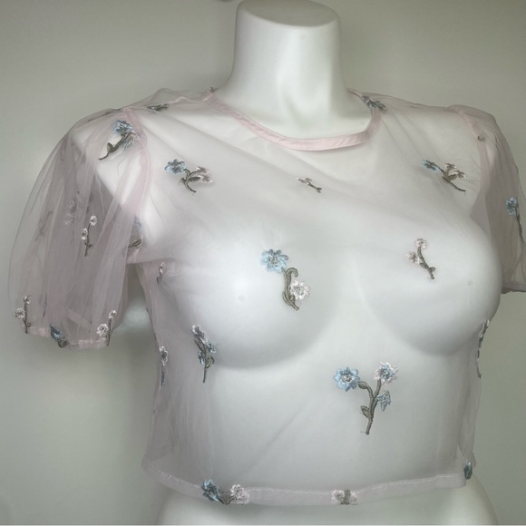 Forever 21 ShirtTops Large LightPink Embroidery Floral Sheer Croptop Puff Sleeve - Picture 4 of 12